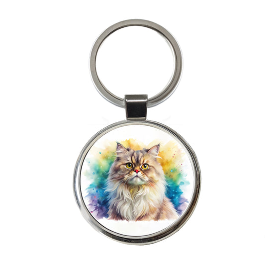Classic Persian Cat Watercolor Style Round Metal Keychain