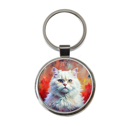 Classic Persian White Cat Abstract Art Round Metal Keychain