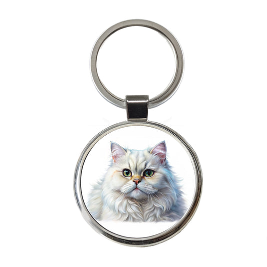 Classic Persian White Cat Illustration Round Metal Keychain