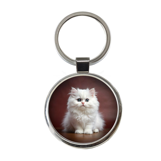 Classic Persian White Cat Kitten Photo Round Metal Keychain