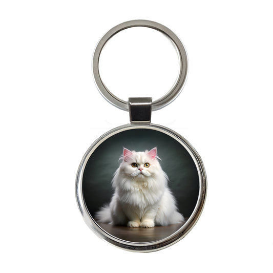 Classic Persian White Cat Photo Round Metal Keychain
