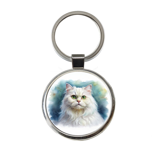 Classic Persian White Cat Watercolor Style Round Metal Keychain
