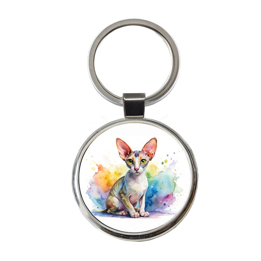Cornish Rex Cat Watercolor Style Round Metal Keychain