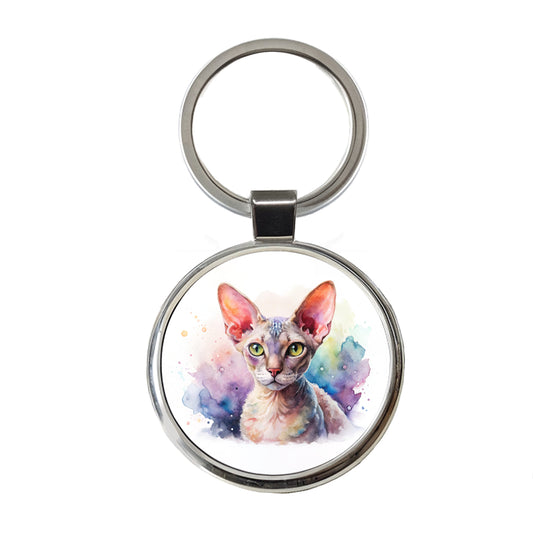 Devon Rex Cat Watercolor Style Round Metal Keychain