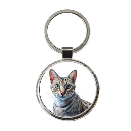 Egyptian Mau Cat Illustration Round Metal Keychain