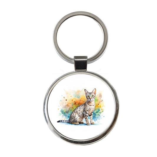 Egyptian Mau Cat Watercolor Style Round Metal Keychain