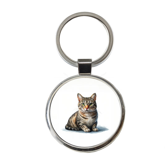 European Shorthair Cat Illustration Round Metal Keychain