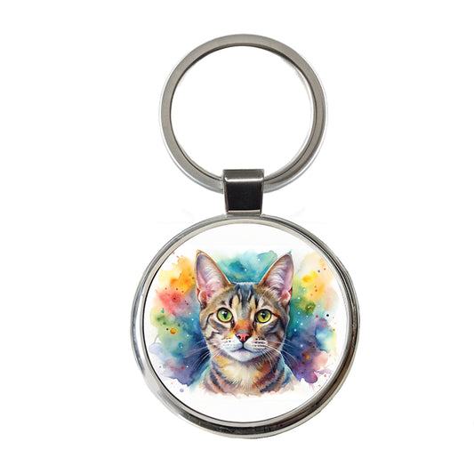 European Shorthair Cat Watercolor Style Round Metal Keychain