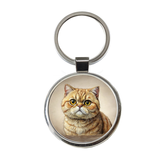 Exotic Shorthair Cat Illustration Round Metal Keychain