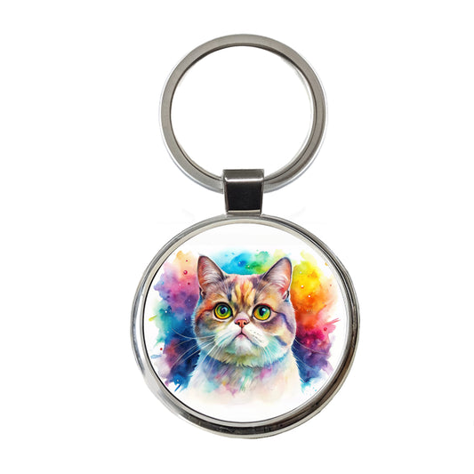 Exotic Shorthair Cat Watercolor Style Round Metal Keychain