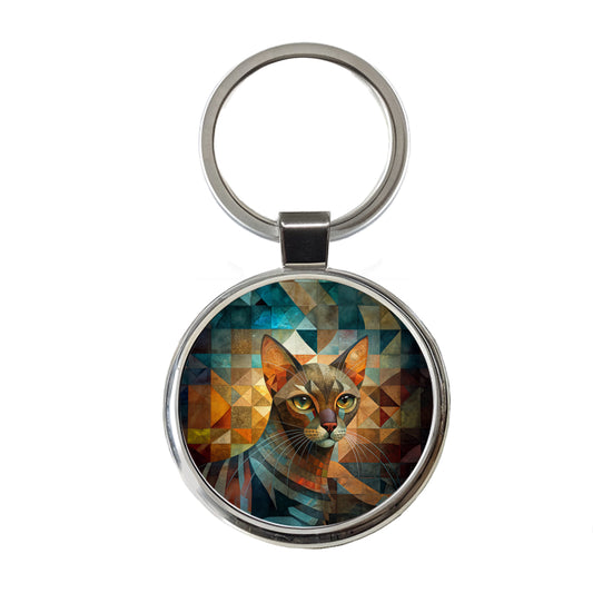 Havana Brown Cat Abstract Art Round Metal Keychain