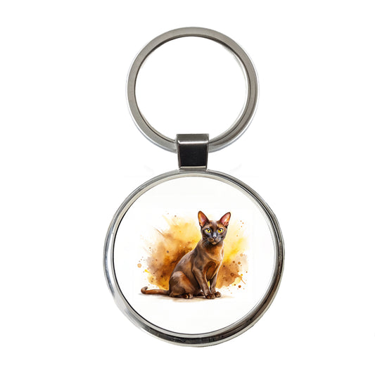 Havana Brown Cat Watercolor Style Round Metal Keychain