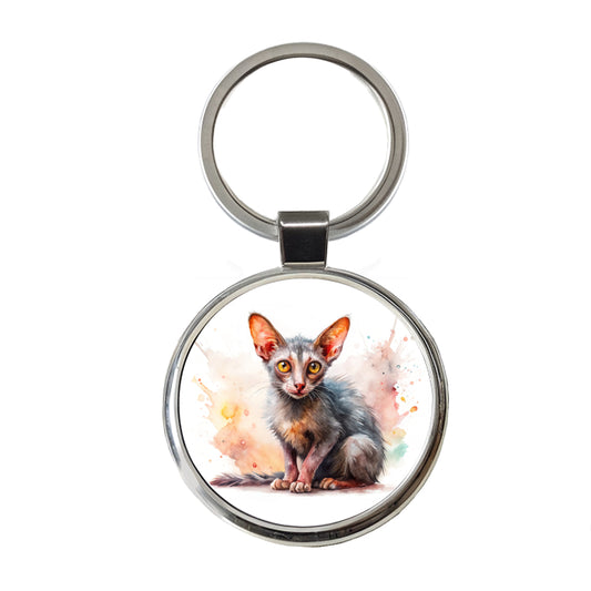Lykoi Wolf Cat Watercolor Style Round Metal Keychain