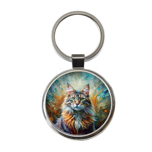 Maine Coon Cat Abstract Art Round Metal Keychain