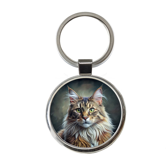 Maine Coon Cat Illustration Round Metal Keychain