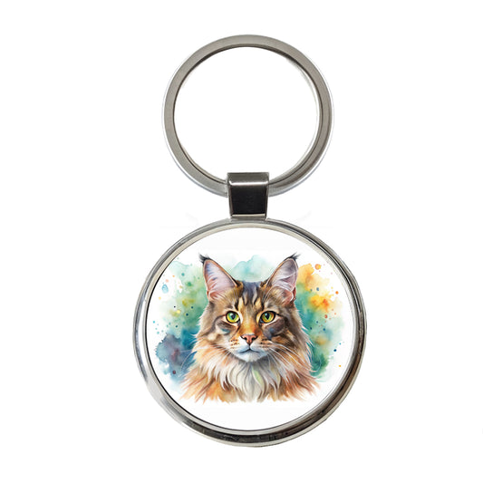 Maine Coon Cat Watercolor Style Round Metal Keychain