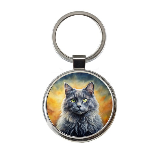 Nebelung Cat Illustration Round Metal Keychain