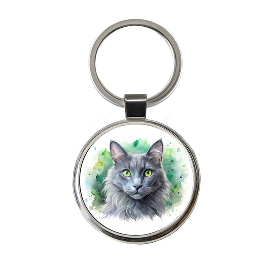 Nebelung Cat With Green Eyes Watercolor Style Round Metal Keychain