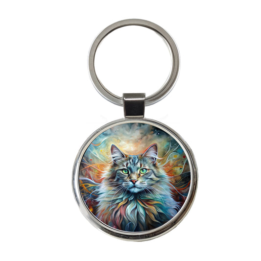 Norwegian Forest Cat Abstract Art Round Metal Keychain