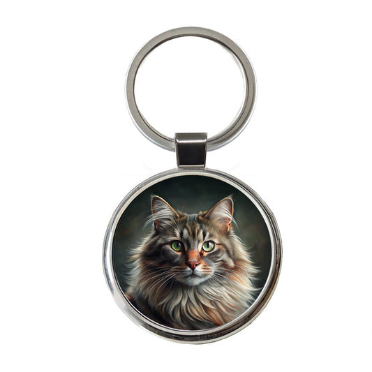 Norwegian Forest Cat Illustration Round Metal Keychain