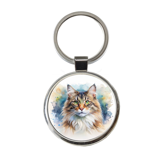Norwegian Forest Cat Watercolor Style Round Metal Keychain
