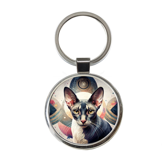 Oriental Shorthair Black White Cat Abstract Art Round Metal Keychain