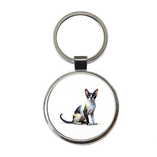 Oriental Shorthair Black White Cat Illustration Round Metal Keychain