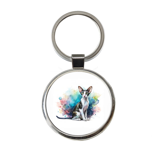 Oriental Shorthair Black White Cat Watercolor Round Metal Keychain
