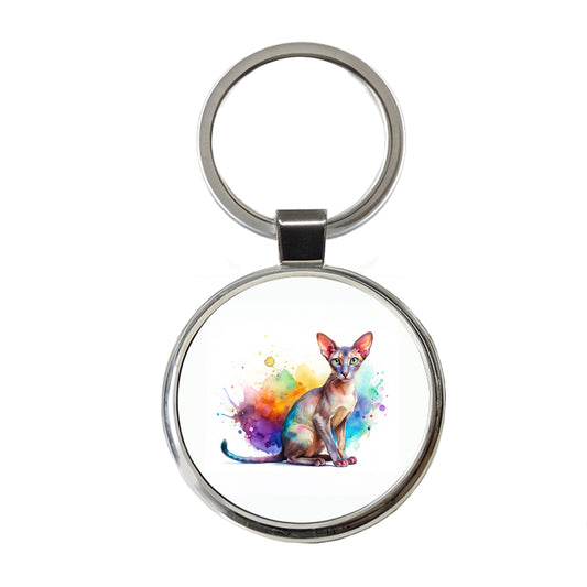 Oriental Shorthair Cat Watercolor Style Round Metal Keychain