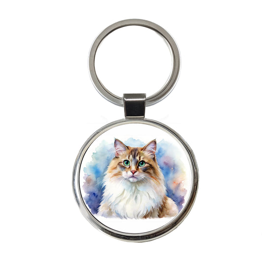 Ragamuffin Cat Watercolor Style Round Metal Keychain