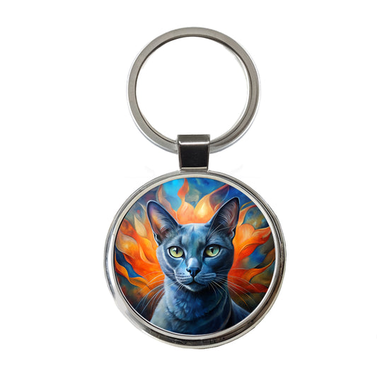 Russian Blue Cat Abstract Art Round Metal Keychain