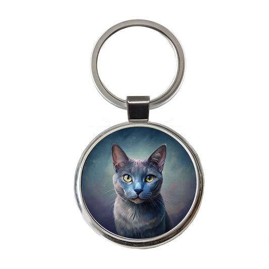 Russian Blue Cat Illustration Round Metal Keychain