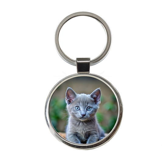 Russian Blue Cat Kitten Photo Round Metal Keychain