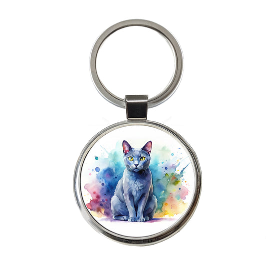 Russian Blue Cat Watercolor Style Round Metal Keychain