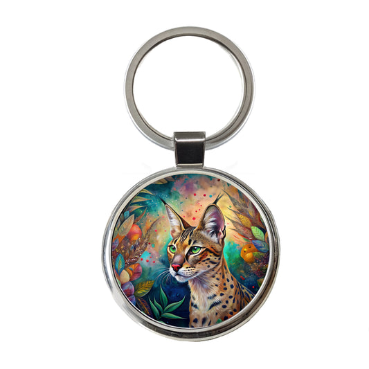Savannah Cat Abstract Art Round Metal Keychain