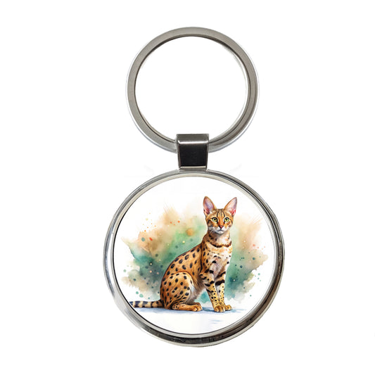 Savannah Cat Watercolor Style Round Metal Keychain
