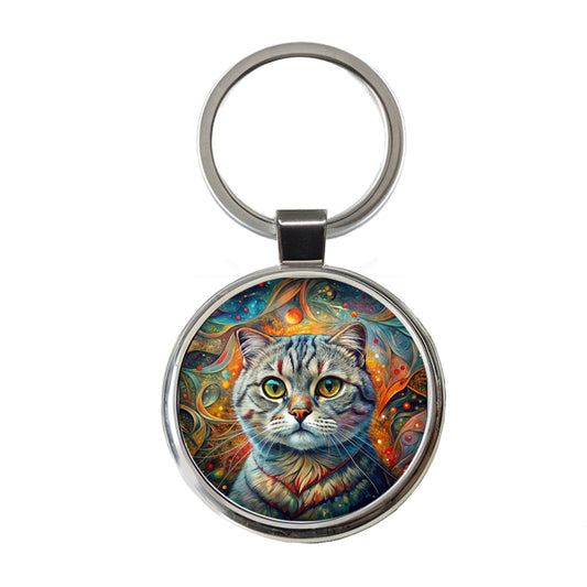 Scottish Fold Cat Abstract Art Round Metal Keychain