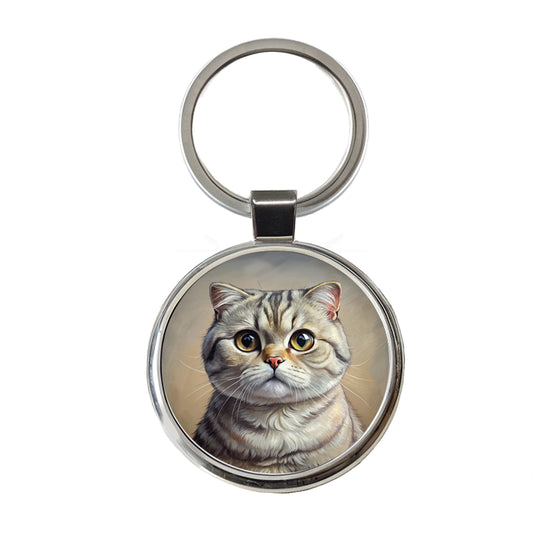 Scottish Fold Cat Illustration Round Metal Keychain