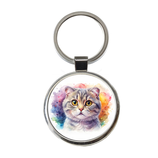 Scottish Fold Cat Watercolor Style Round Metal Keychain