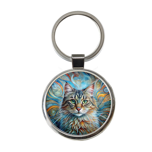 Siberian Cat Abstract Art Round Metal Keychain