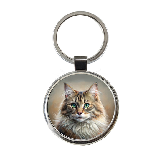 Siberian Cat Illustration Round Metal Keychain