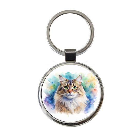 Siberian Cat Watercolor Style Round Metal Keychain