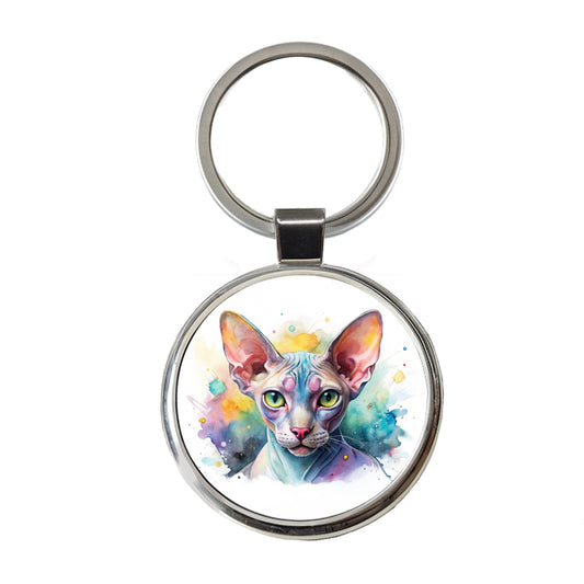 Sphynx Cat Watercolor Style Round Metal Keychain