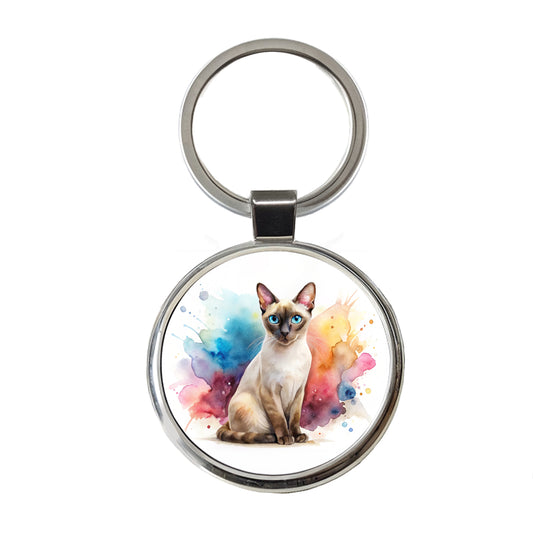 Tonkinese Cat Watercolor Style Round Metal Keychain