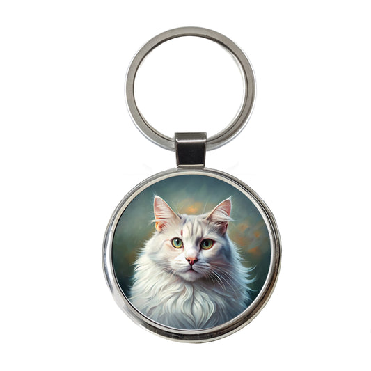Turkish Angora Cat Illustration Round Metal Keychain