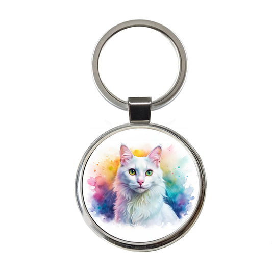 Turkish Angora Cat Watercolor Style Round Metal Keychain