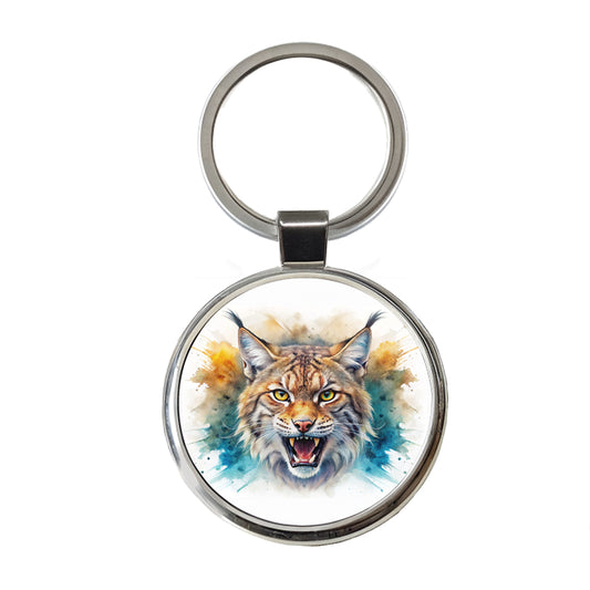 Angry Bobcat Watercolor Design Round Metal Keychain