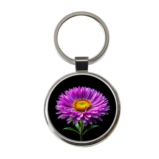 Aster Purple Flower Photo Round Metal Keychain