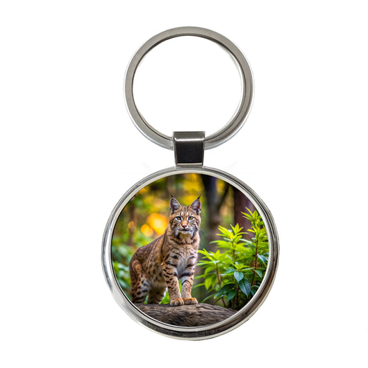 Bobcat In The Forest Round Metal Keychain