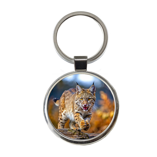 Bobcat Leaping To Catch Prey Round Metal Keychain